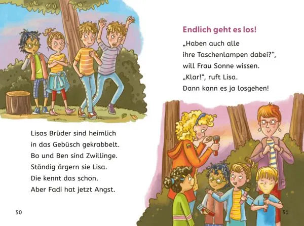 Kinderbuch-Seite mit Kindern im Wald, Taschenlampen, Abenteuer, für nachhaltiges Spielzeug & Bücher