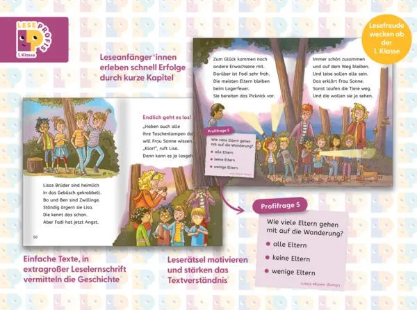 Lesebuch für Erstklässler mit bunten Illustrationen, großen Schriftzügen und Leserätseln zur Leseförderung
