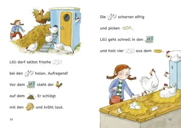 Kinderbuchseite mit Lilli, Hühnern und Eiern – nachhaltiges Spielzeug & Bücher für Kinder