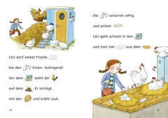 Kinderbuchseite mit Lilli, Hühnern und Eiern – nachhaltiges Spielzeug & Bücher für Kinder