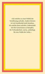 Zitat zur Politik der Versöhnung und Liebe auf farbigem Papier mit gelben, roten und orangen Rahmen