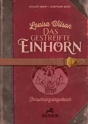 Buchcover von Louisa Wilson Das gestreifte Einhorn Forschungstagebuch im Retro-Stil mit rotem Hintergrund