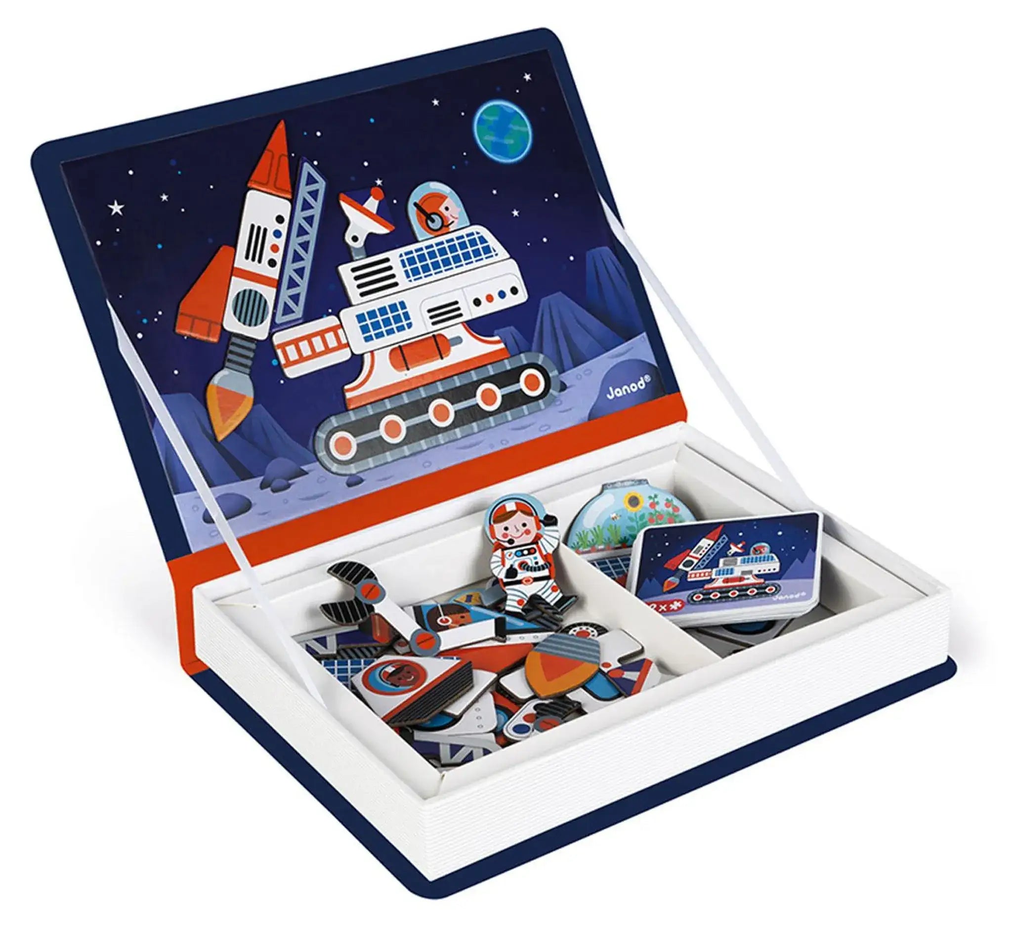 Magnetisches Weltraum-Spielzeug mit Astronaut, Rakete und Rover in Buchbox, ideal für kindliche Fantasie und kreatives Spielen