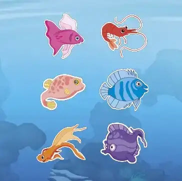 Bunte Magnet-Fische und Meeresbewohner aus dem Reisespiel Korallenriff vor blauem Wasser-Hintergrund