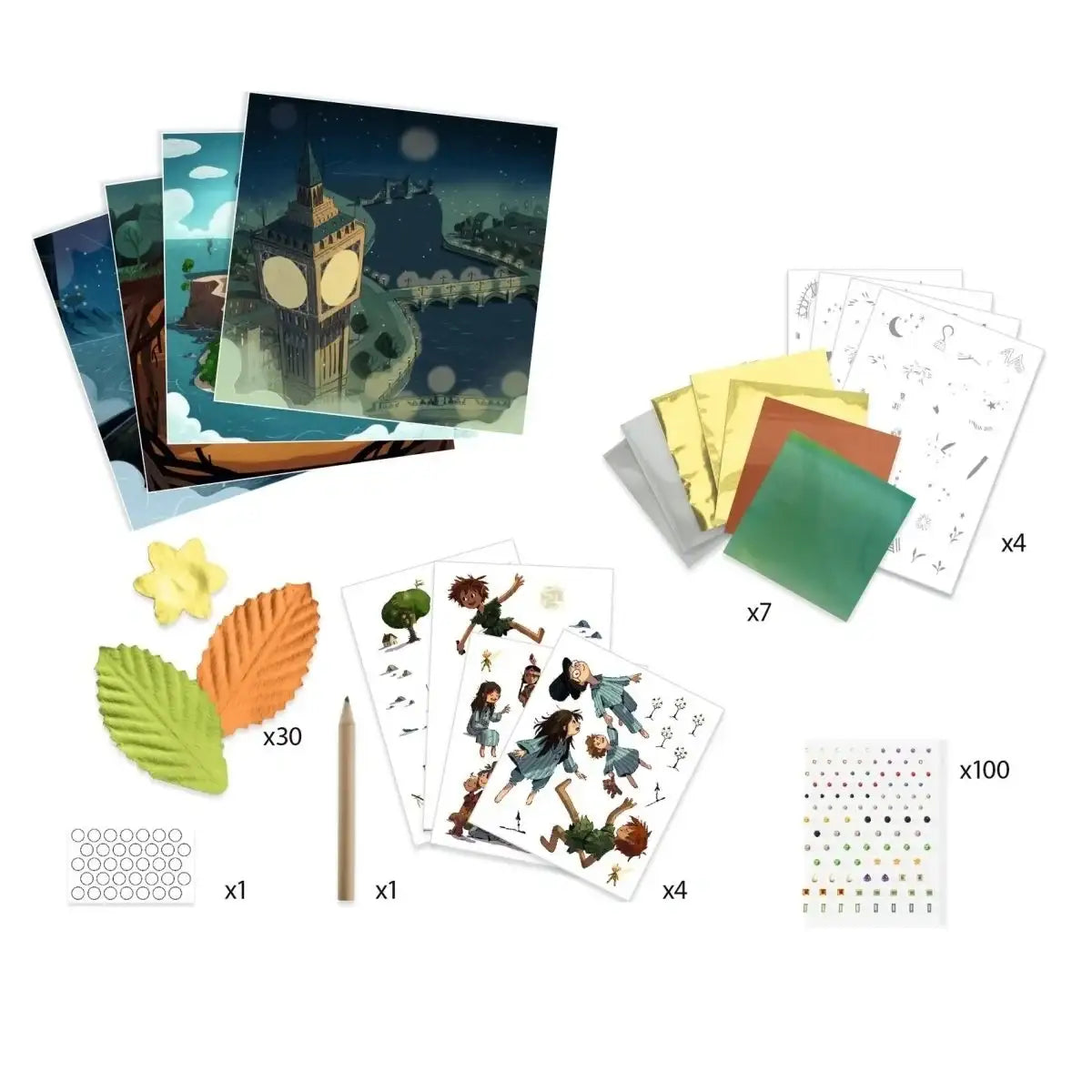 Bastelset mit Illustrationen, farbigem Papier, Holzblättern, Stiften und Aufklebern