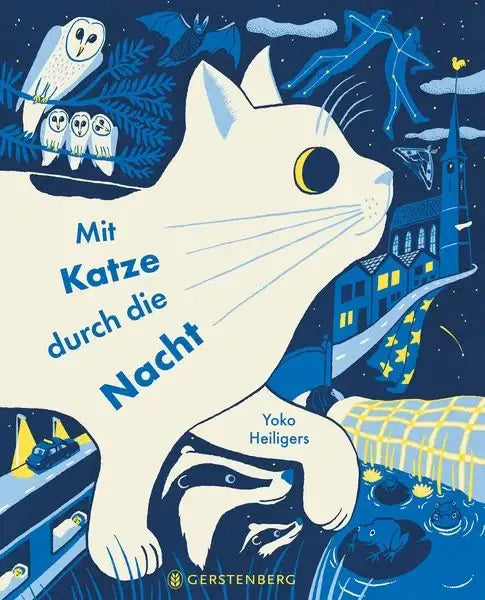 Buchcover 'Mit Katze durch die Nacht' von Yoko Heiligers, nachhaltiges Kinderbuch mit nächtlicher Illustration