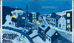 Nächtliche Stadtansicht mit beleuchteten Häusern, Kirchturm und Mond – nachhaltiges Kinderbuchillustration