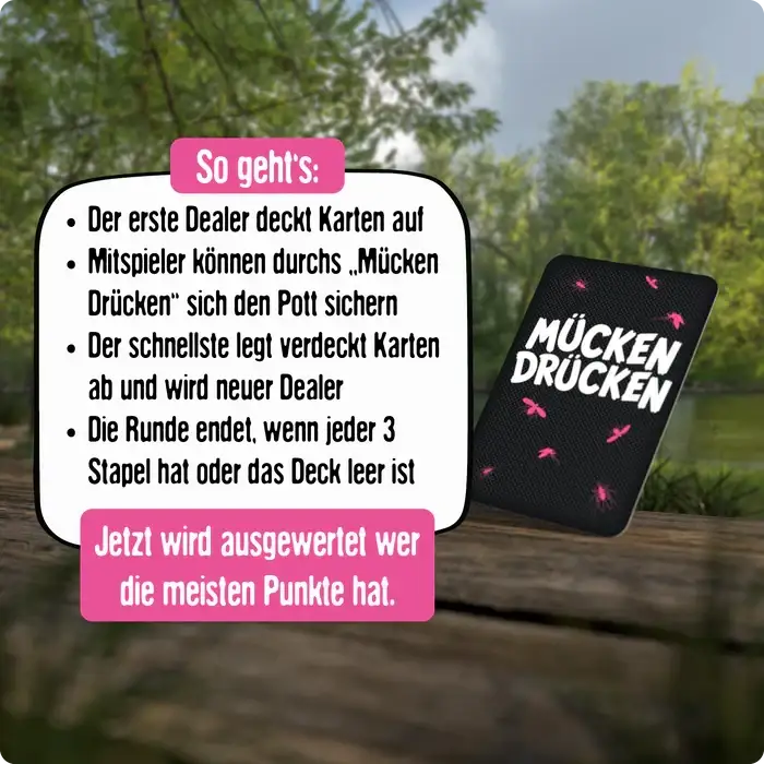 Mücken Drücken Spielkarten mit Anleitung im Freien