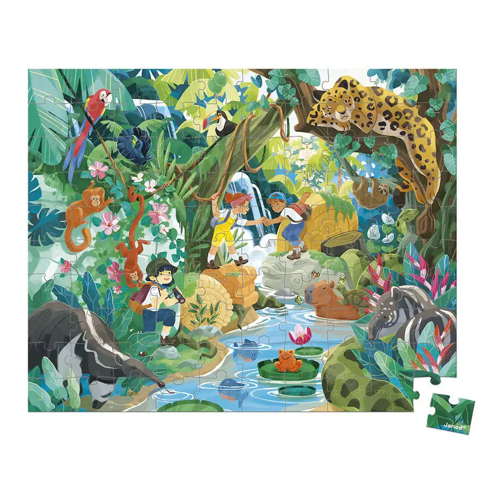 Bunter Dschungel-Puzzle mit Kindern, Tieren und Wasserfall – nachhaltiges Spielzeug für Kinder