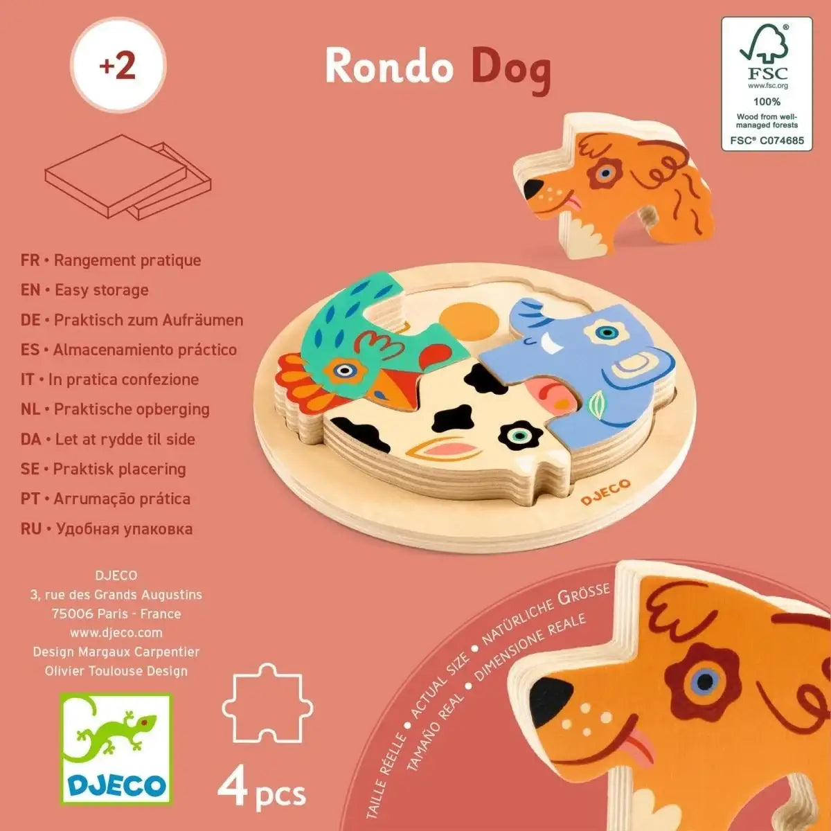 Rondo Dog Holzpuzzle von Djeco, 4-teilig, ab 2 Jahren, FSC-zertifiziertes Holz, nachhaltiges Kinderspielzeug