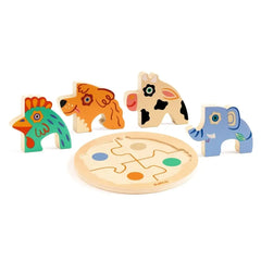 Bunte Holztierpuzzle mit Huhn, Hund, Kuh und Elefant für kindgerechtes Lernen und Spielen