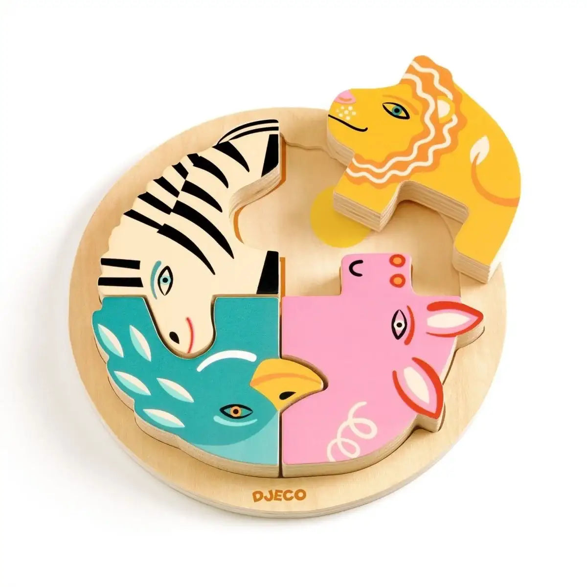 Bunter Holzpuzzle mit Tiermotiven: Löwe, Zebra, Vogel, Schwein – nachhaltiges Kinderspielzeug