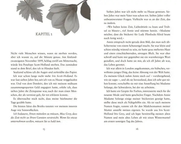 Geöffnetes Buch mit Kapitel 1, Text über Iris Penelope Scott-Holland – nachhaltiges Kinderbuch