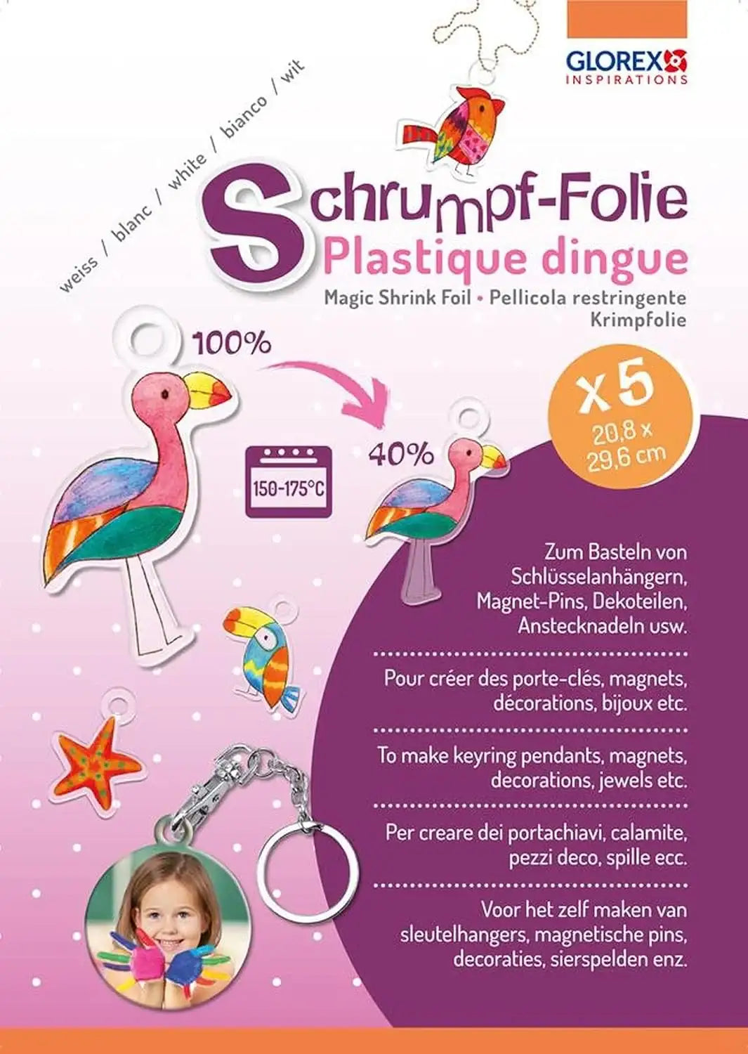 Schumpf-Folie zum Basteln von Schlüsselanhängern, Magneten & Deko – bunte Vogel- und Sternformen, kinderfreundlich