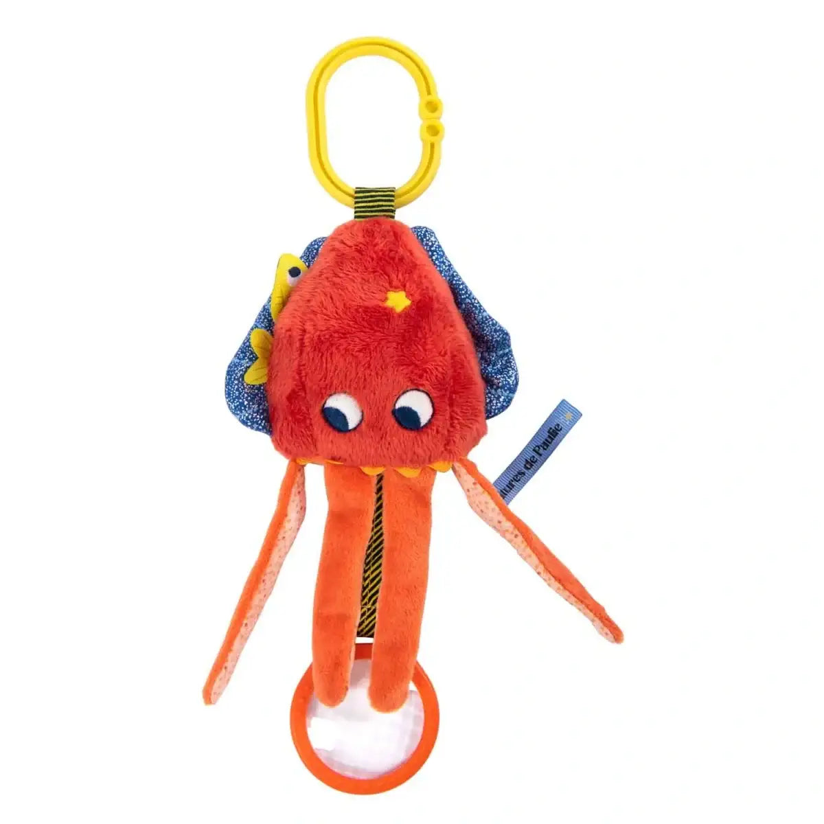 Roter Plüsch-Tintenfisch mit Saugnapf und gelbem Clip, ideal als Baby-Spielzeug oder Kinderzimmer-Dekoration