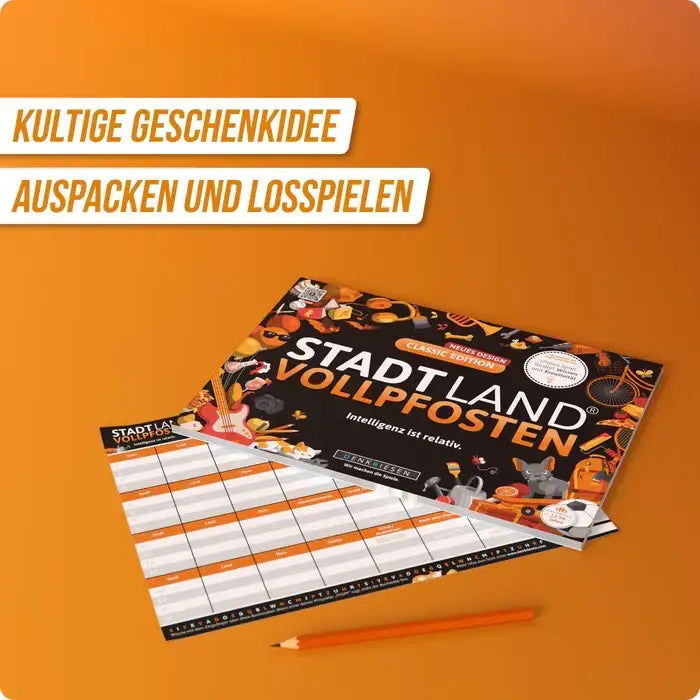 Stadt Land Vollpfosten Classic Edition Spiel, kultige Geschenkidee für Kinder, mit Notizblock und Bleistift