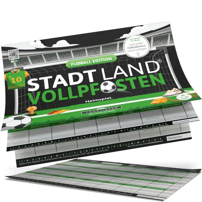 Stadt Land Vollpfosten Fußball Edition – nachhaltiges Brettspiel für Kinder mit Tor, Trikot & Punktefeldern