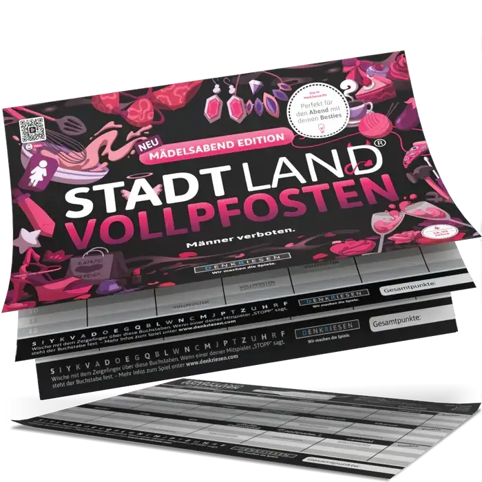Stadt Land Vollpfosten Mädelsabend Edition Spielkarten mit bunten Grafiken und Punktefeldern