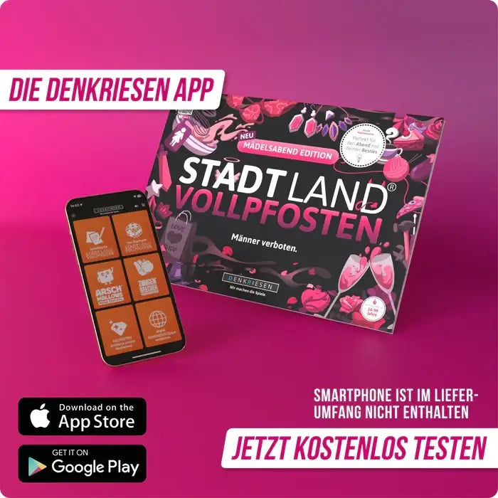 Stadt Land Vollpfosten Spielbox & Denkriesen App – nachhaltiges Gesellschaftsspiel für Erwachsene, jetzt kostenlos testen