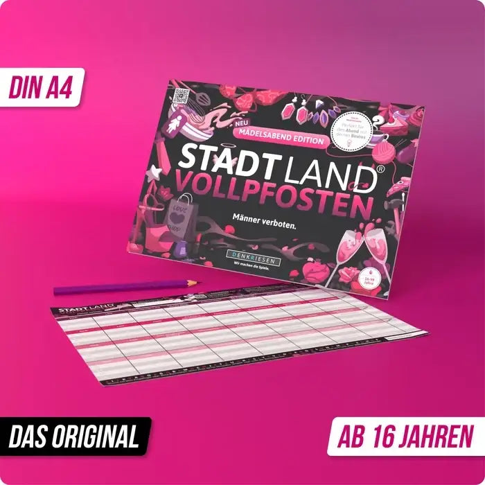 Stadt Land Vollpfosten Mädelsabend Edition Spiel, DIN A4, ab 16 Jahren, mit Stift und Spielplan auf pinkem Hintergrund