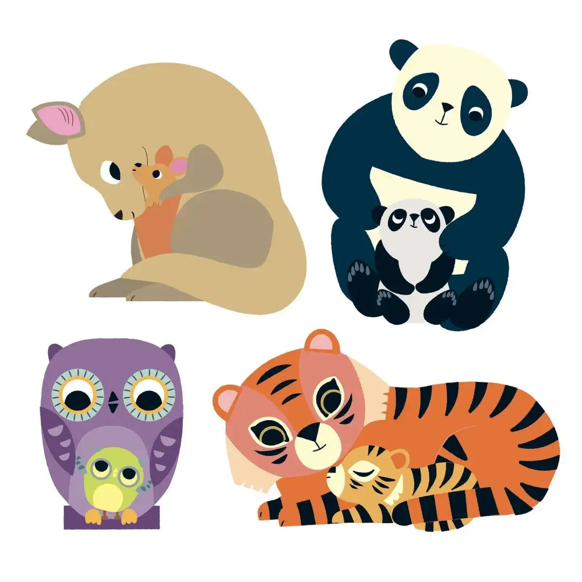 Niedliche Tiermotive mit Mutter-Kind-Paaren: Känguru, Panda, Eule und Tiger für Kinderzimmerdekoration