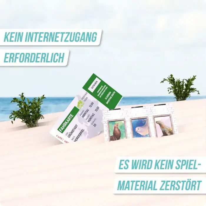 Spielzeugkarte mit Tierbildern am Strand, kein Internetzugang nötig, Spielmaterial bleibt unbeschädigt