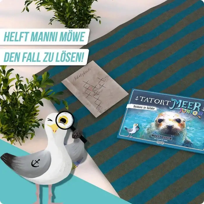 Tatort Meer Junior Spielzeug mit Seehund & Möwe auf gestreifter Decke, nachhaltiges Kinderspielzeug