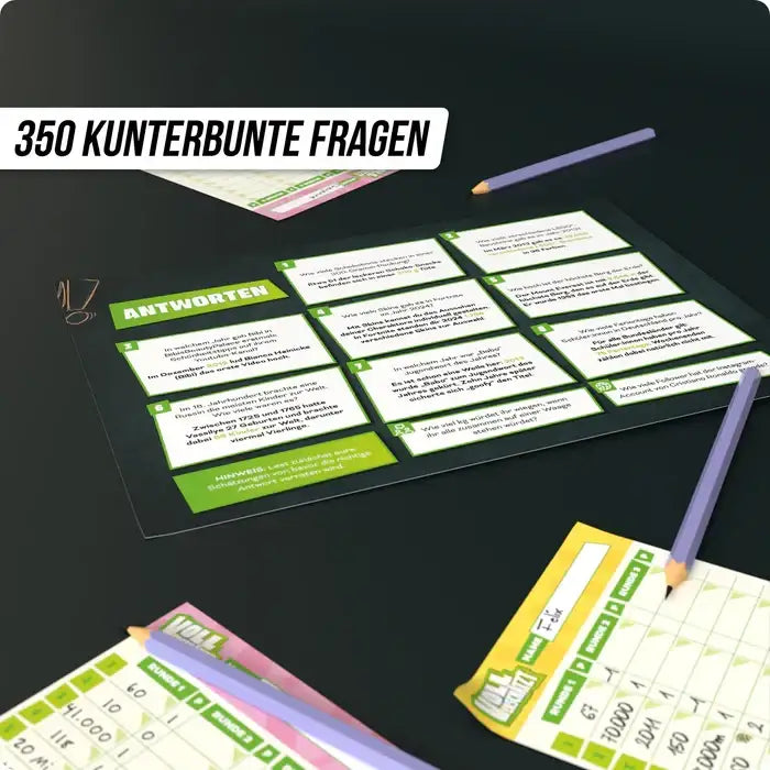 350 kunterbunte Fragenkarten für Familien- & Party-Spiele, nachhaltiges Spielzeug mit Stiften & Punkteblättern