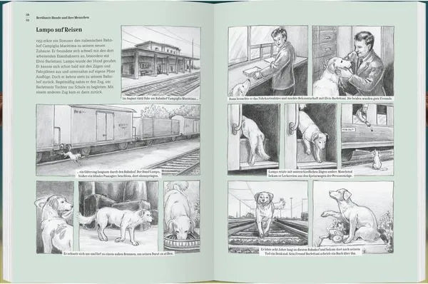 Illustrationen aus Kinderbuch über Hund Lampo auf Reisen, nachhaltiges Spielzeug & Bücher im München Shop