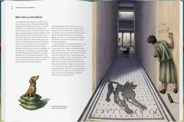 Illustration eines Hundes mit Knochen und Kindern in einem Spielzeugladen mit 'CAVE CANEM' Schild